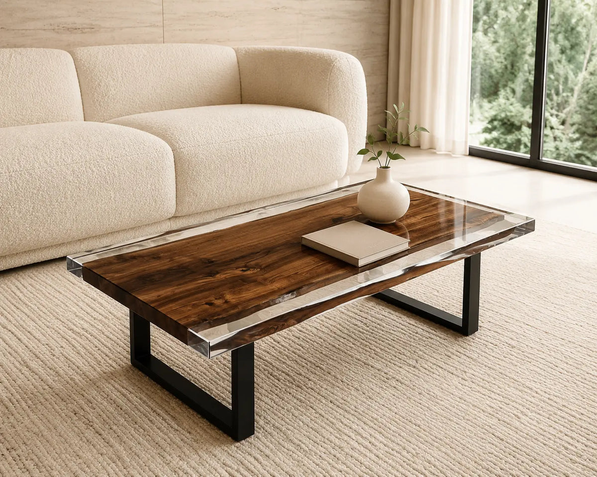 ECTC02 Glass Edge Crystal Clear Epoxy Black Walnut Coffee Table featuring handcrafted black walnut and crystal clear resin-1