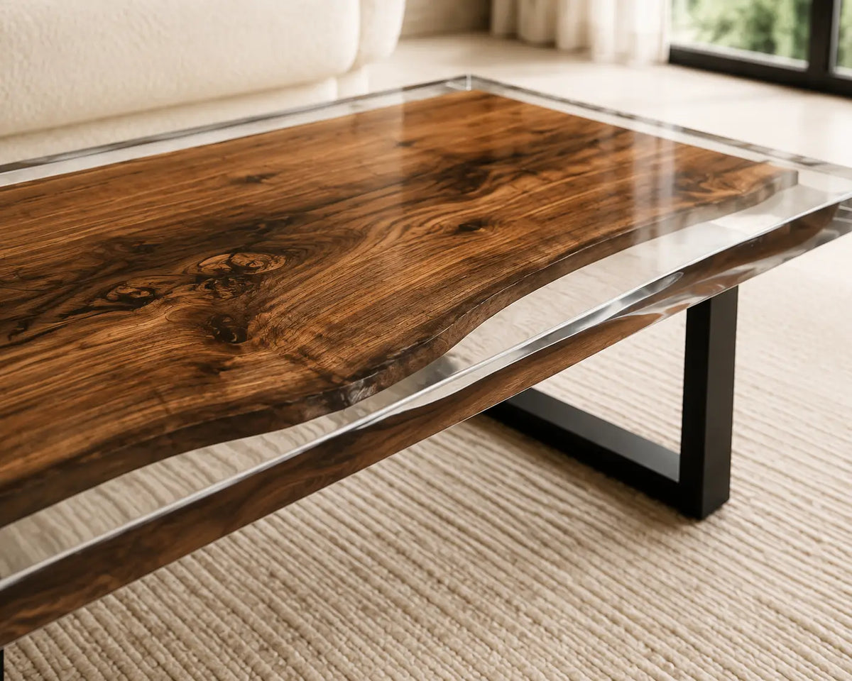 ECTC02 Glass Edge Crystal Clear Epoxy Black Walnut Coffee Table featuring handcrafted black walnut and crystal clear resin-2