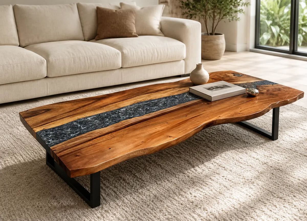 ECTC05 Silver Torrent Silver Flake Black Epoxy Walnut Coffee Table featuring handcrafted walnut wood and silver flake black resin-1