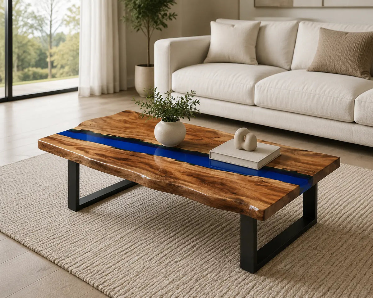 ECTC06 Cobalt Line Cobalt Blue Epoxy Walnut Coffee Table featuring handcrafted walnut wood and cobalt blue resin-1