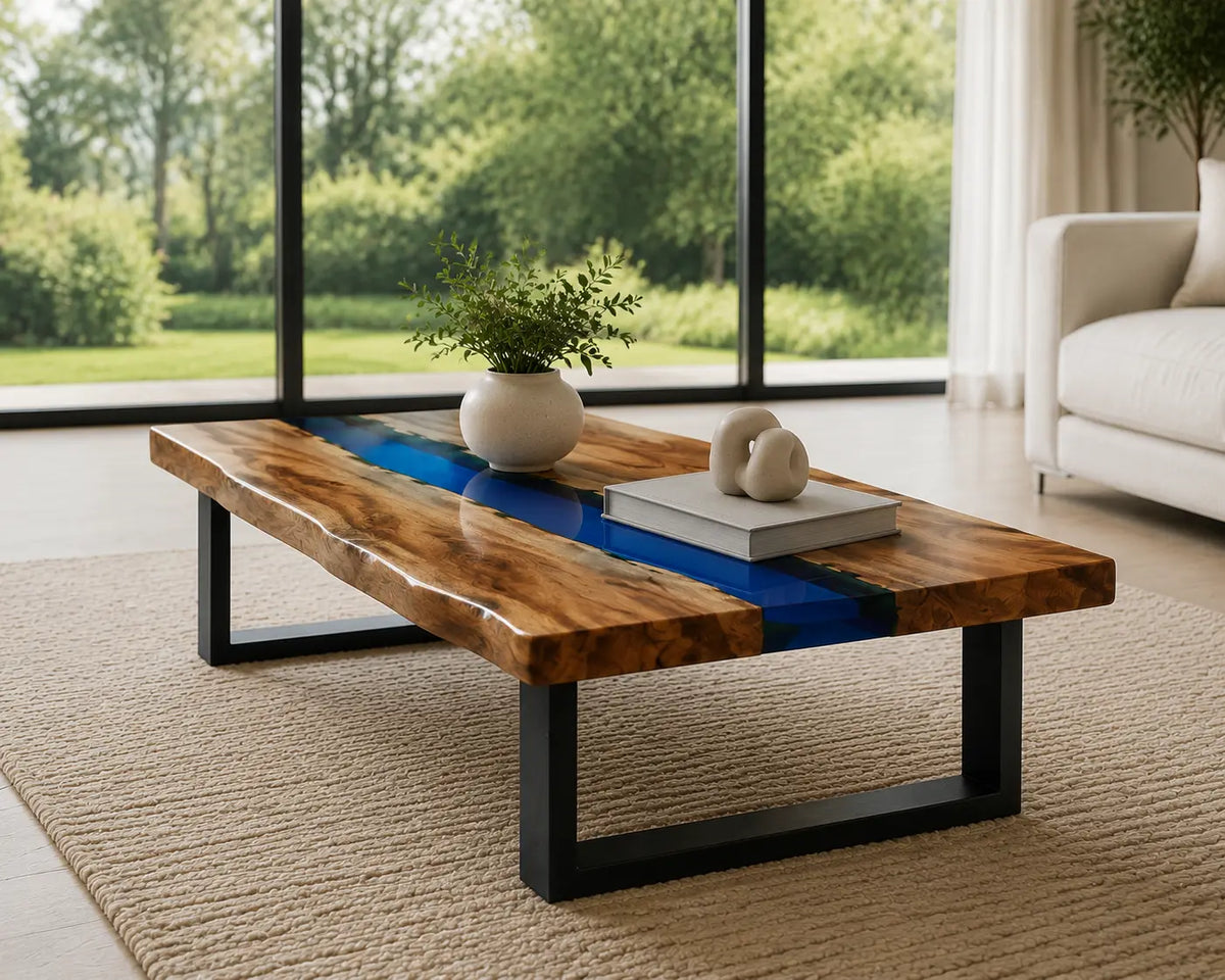 ECTC06 Cobalt Line Cobalt Blue Epoxy Walnut Coffee Table featuring handcrafted walnut wood and cobalt blue resin-6