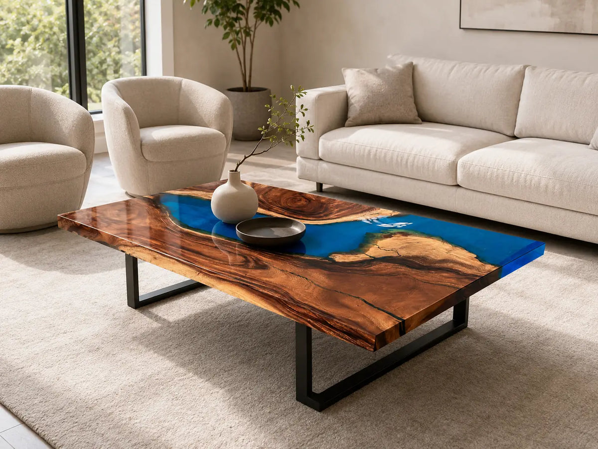 ECTC07 Azure Basin Cobalt Blue Epoxy Walnut Coffee Table featuring handcrafted walnut wood and cobalt blue resin-1