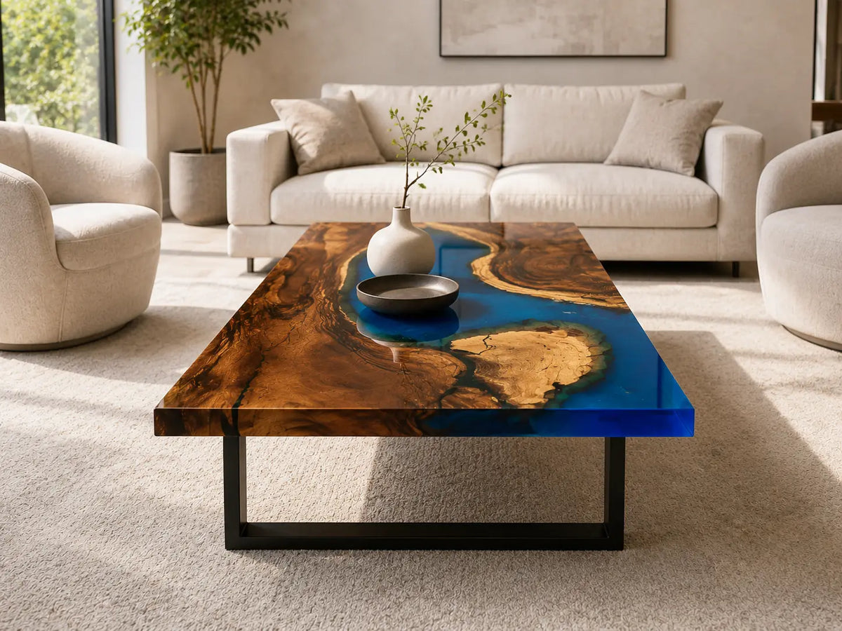 ECTC07 Azure Basin Cobalt Blue Epoxy Walnut Coffee Table featuring handcrafted walnut wood and cobalt blue resin-6
