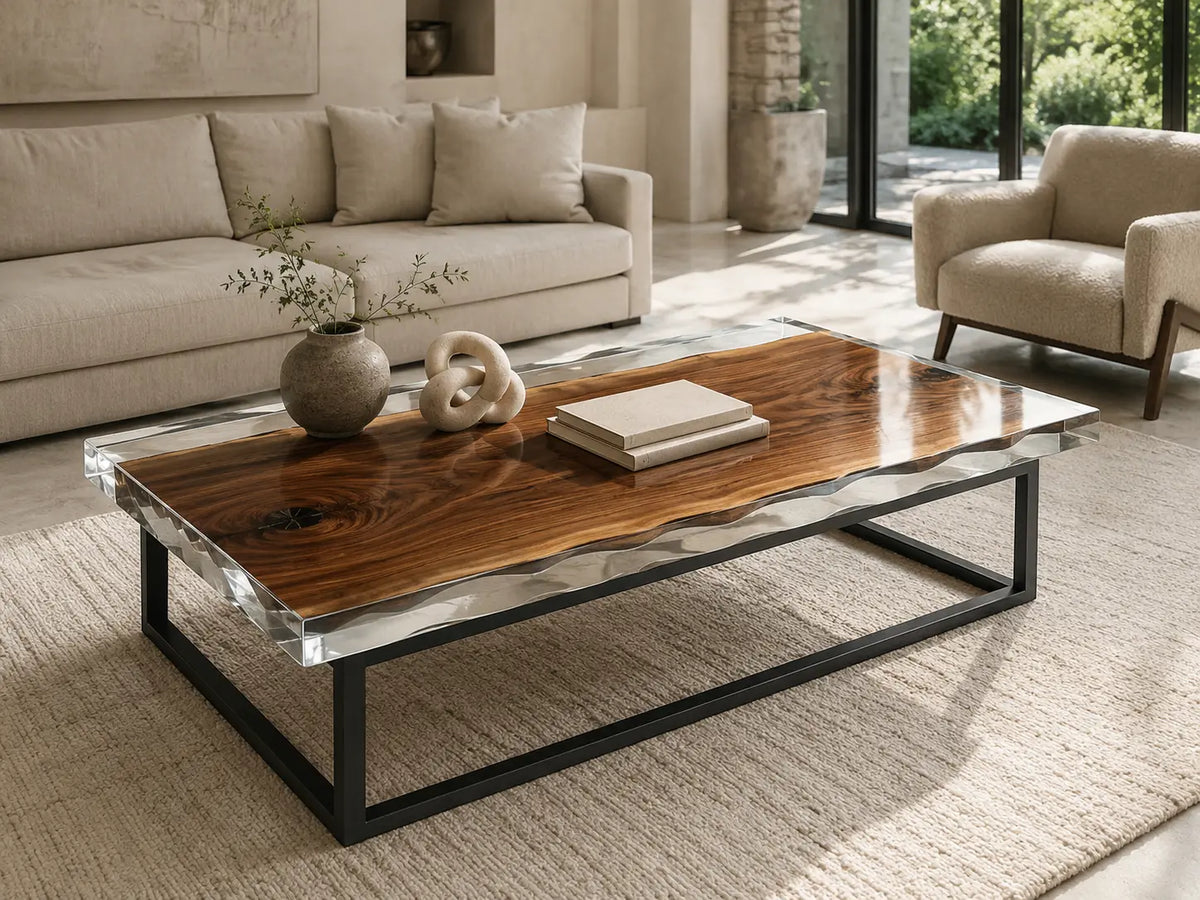 ECTC08 Clear Horizon Crystal Clear Epoxy Walnut Coffee Table featuring handcrafted walnut wood and crystal clear resin-1