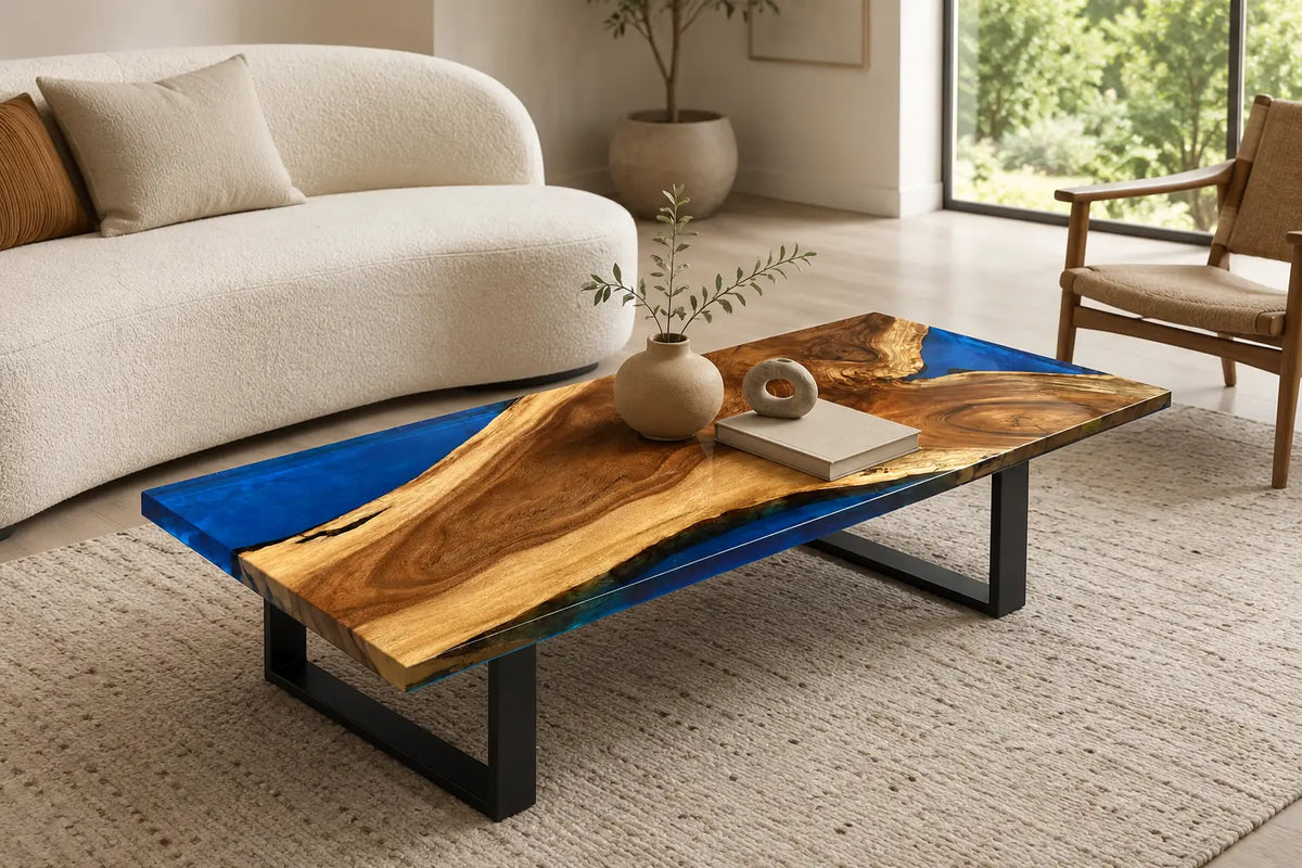 ECTC09 Blue Peninsula Cobalt Blue Epoxy Walnut Coffee Table featuring handcrafted walnut wood and cobalt blue resin-1