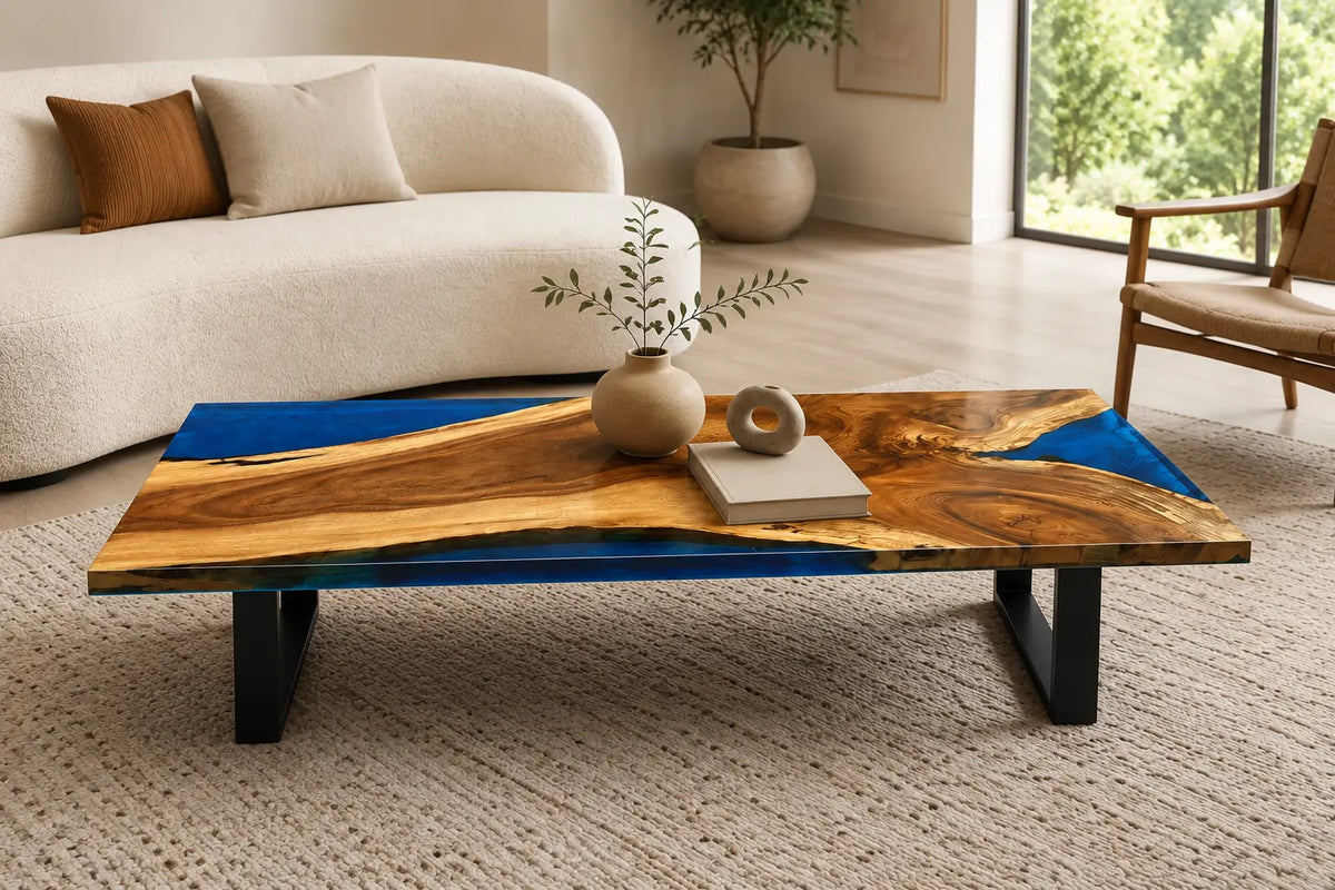 ECTC09 Blue Peninsula Cobalt Blue Epoxy Walnut Coffee Table featuring handcrafted walnut wood and cobalt blue resin-6