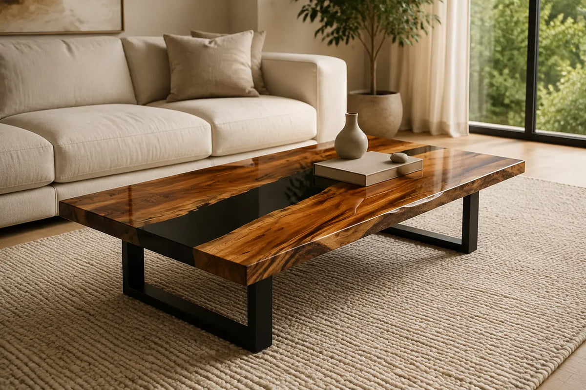 ECTC10 Obsidian Bridge Black Epoxy Walnut Coffee Table featuring handcrafted walnut wood and black resin-1