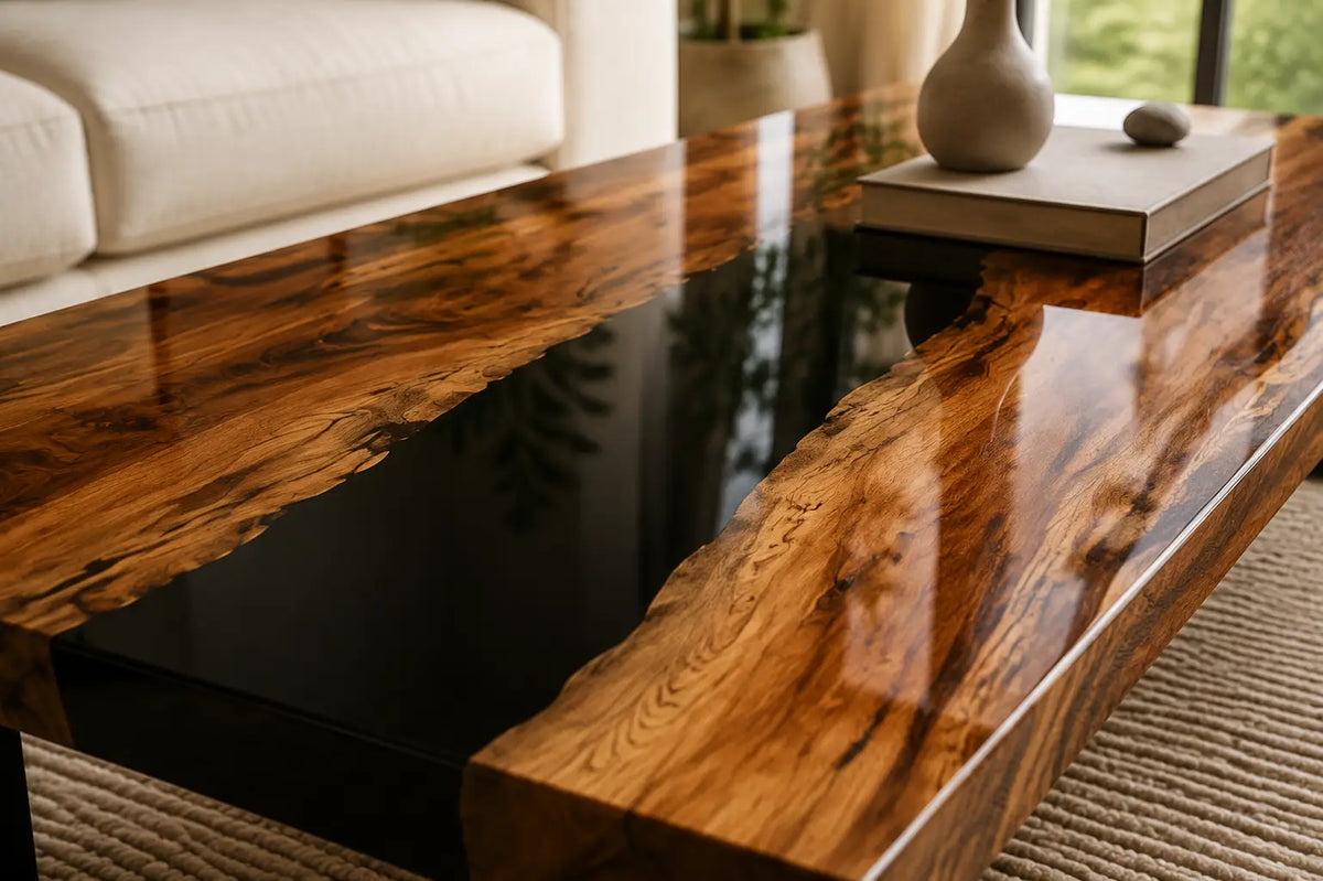 ECTC10 Obsidian Bridge Black Epoxy Walnut Coffee Table featuring handcrafted walnut wood and black resin-2