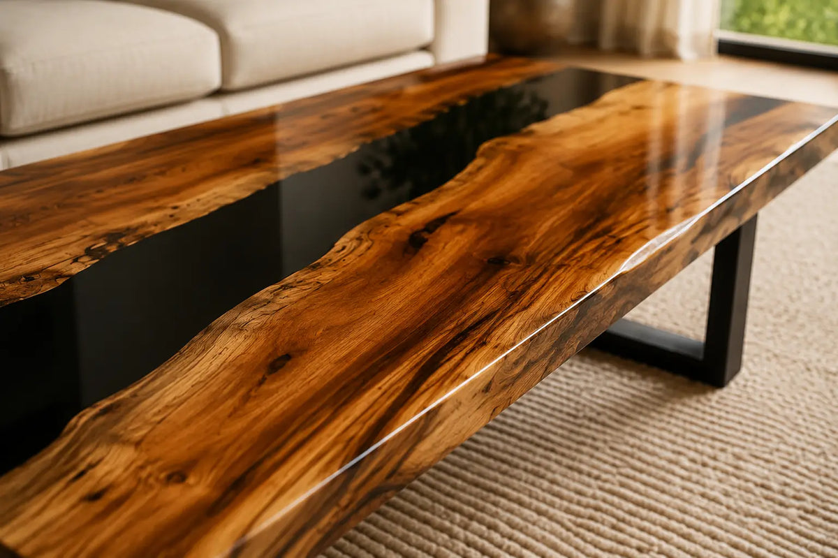 ECTC10 Obsidian Bridge Black Epoxy Walnut Coffee Table featuring handcrafted walnut wood and black resin-3