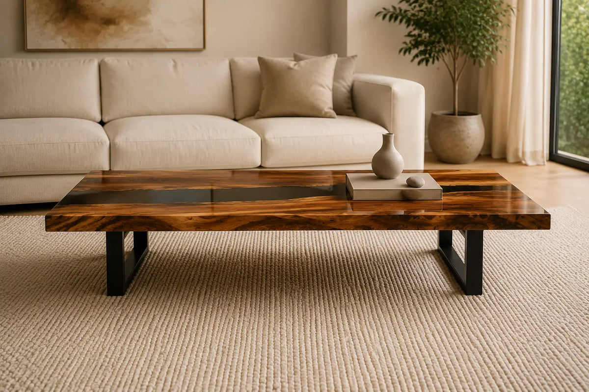ECTC10 Obsidian Bridge Black Epoxy Walnut Coffee Table featuring handcrafted walnut wood and black resin-5