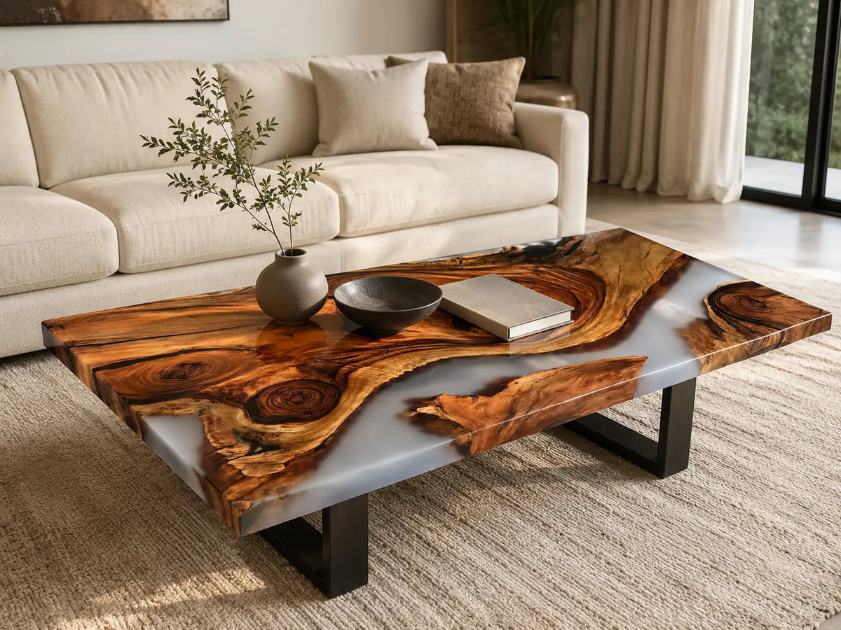 ECTC12 Pearl Archipelago Pearl White Epoxy Walnut Coffee Table featuring handcrafted walnut wood and pearl white resin-1
