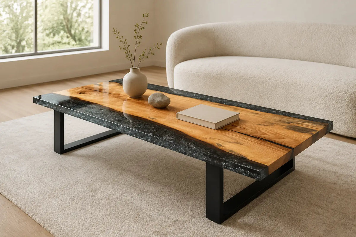 ECTC13 Midnight Banks Black Flake Epoxy Walnut Coffee Table featuring handcrafted walnut wood and black flake resin-1