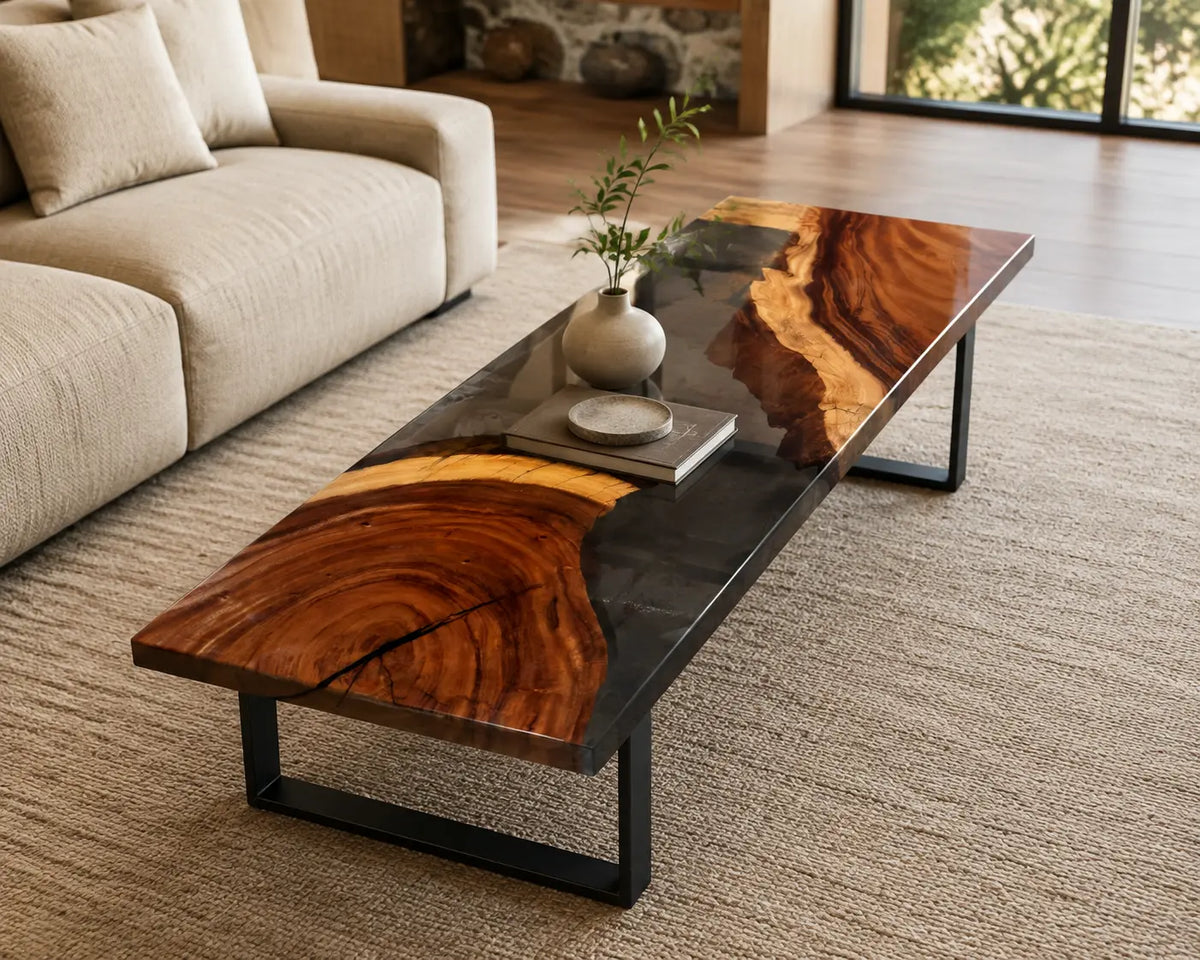 ECTC15 Black Divide Black Epoxy Walnut Coffee Table featuring handcrafted walnut wood and black resin