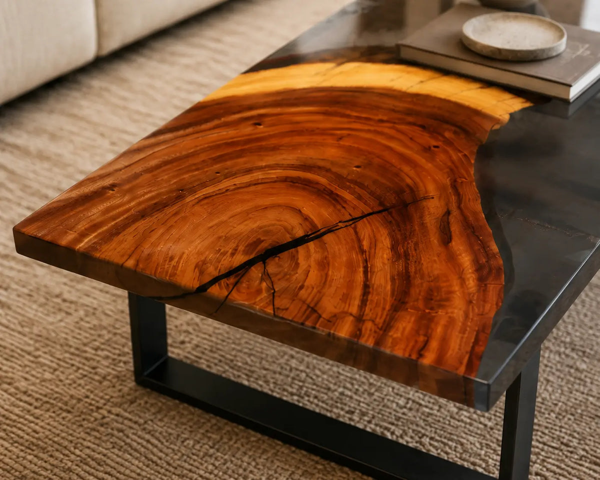 ECTC15 Black Divide Black Epoxy Walnut Coffee Table featuring handcrafted walnut wood and black resin-2