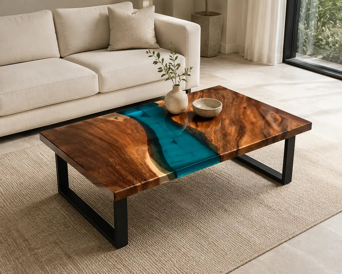 ECTC16 Turquoise Gate Turquoise Epoxy Walnut Coffee Table featuring handcrafted walnut wood and turquoise resin-1