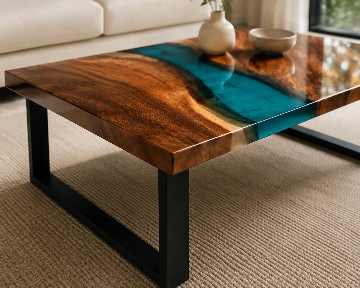 ECTC16 Turquoise Gate Turquoise Epoxy Walnut Coffee Table featuring handcrafted walnut wood and turquoise resin-2