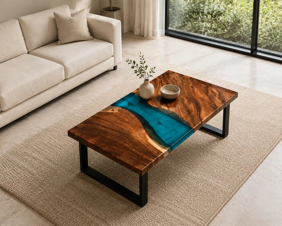 ECTC16 Turquoise Gate Turquoise Epoxy Walnut Coffee Table featuring handcrafted walnut wood and turquoise resin-6