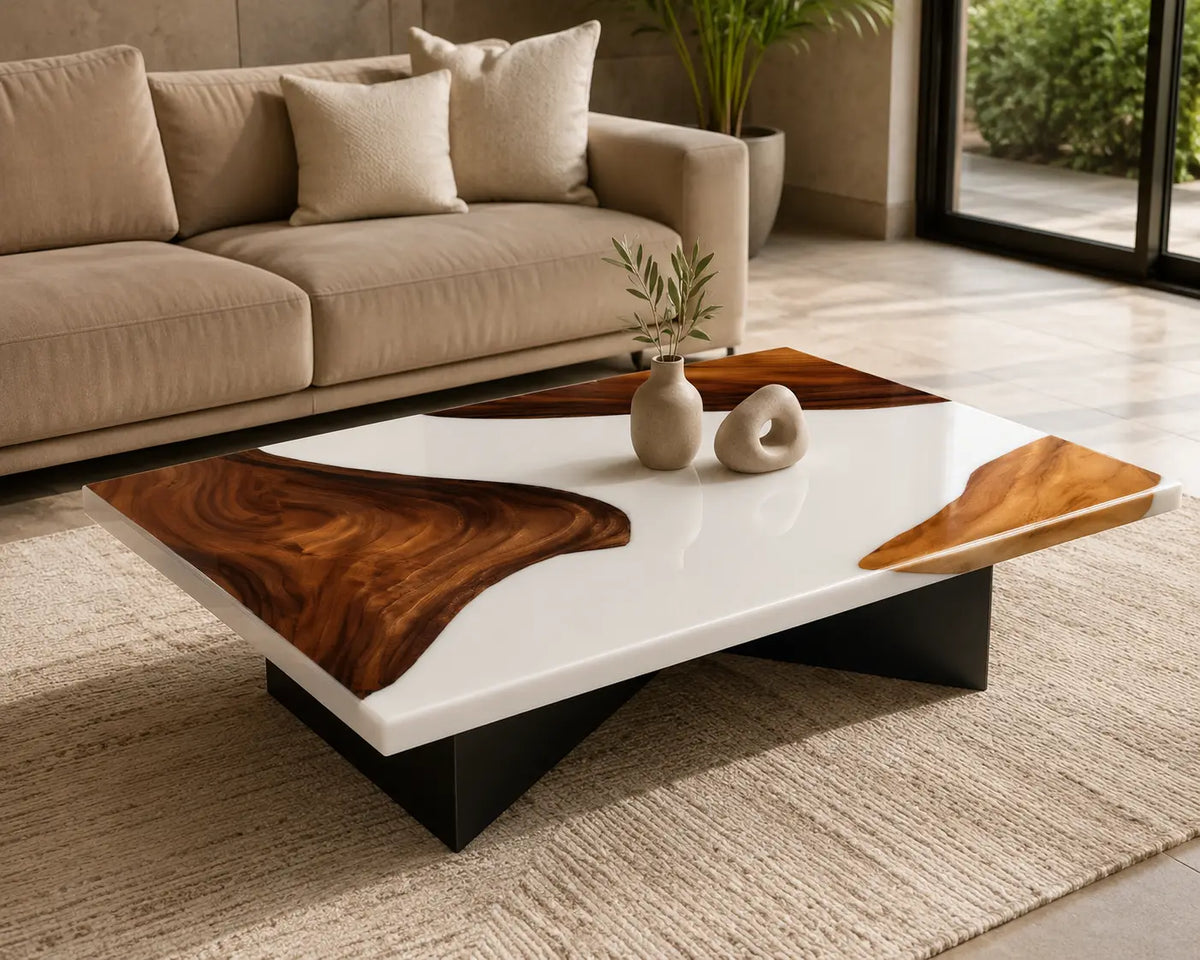 ECTC17 Ivory Current Pearl White Epoxy Walnut Coffee Table featuring handcrafted walnut wood and pearl white resin-1