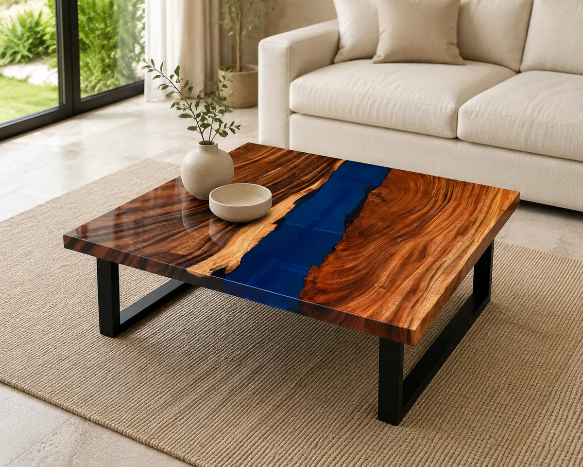 ECTC19 Sapphire Square Sapphire Blue Epoxy Walnut Coffee Table featuring handcrafted walnut wood and sapphire blue resin-1