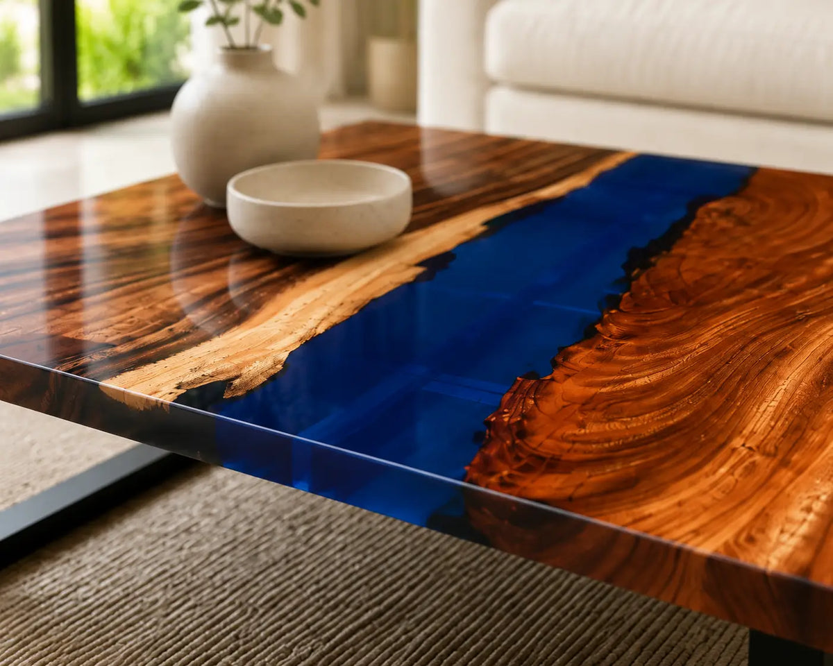 ECTC19 Sapphire Square Sapphire Blue Epoxy Walnut Coffee Table featuring handcrafted walnut wood and sapphire blue resin-2