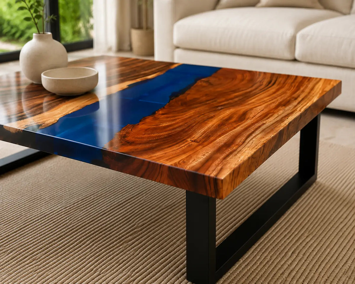 ECTC19 Sapphire Square Sapphire Blue Epoxy Walnut Coffee Table featuring handcrafted walnut wood and sapphire blue resin-3