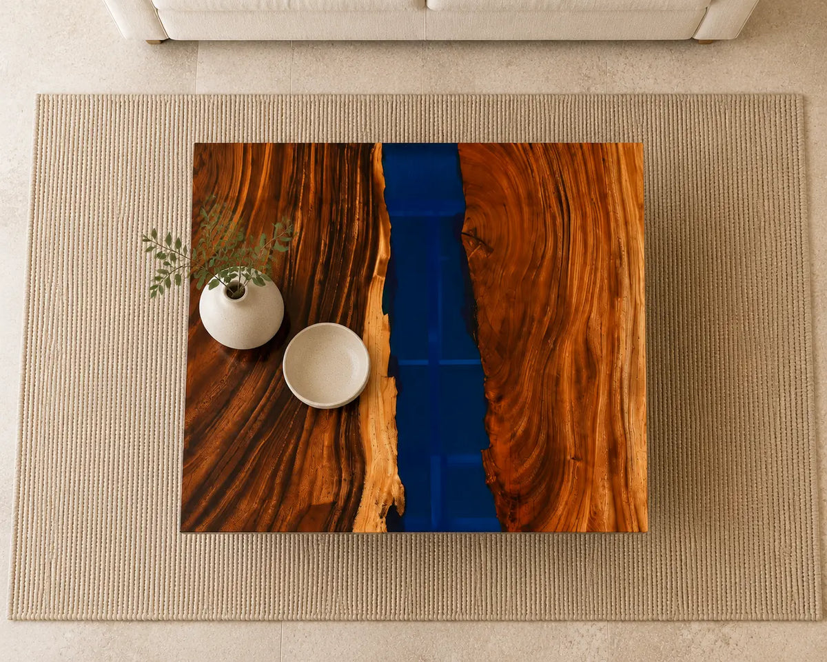 ECTC19 Sapphire Square Sapphire Blue Epoxy Walnut Coffee Table featuring handcrafted walnut wood and sapphire blue resin-4