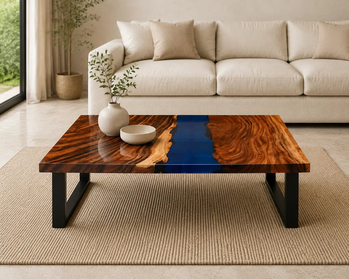ECTC19 Sapphire Square Sapphire Blue Epoxy Walnut Coffee Table featuring handcrafted walnut wood and sapphire blue resin-5