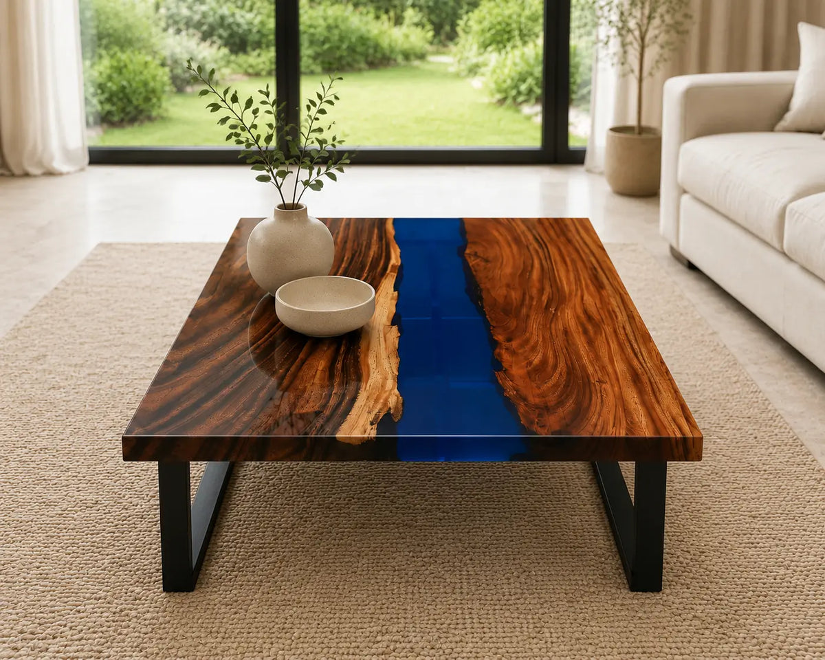 ECTC19 Sapphire Square Sapphire Blue Epoxy Walnut Coffee Table featuring handcrafted walnut wood and sapphire blue resin-6