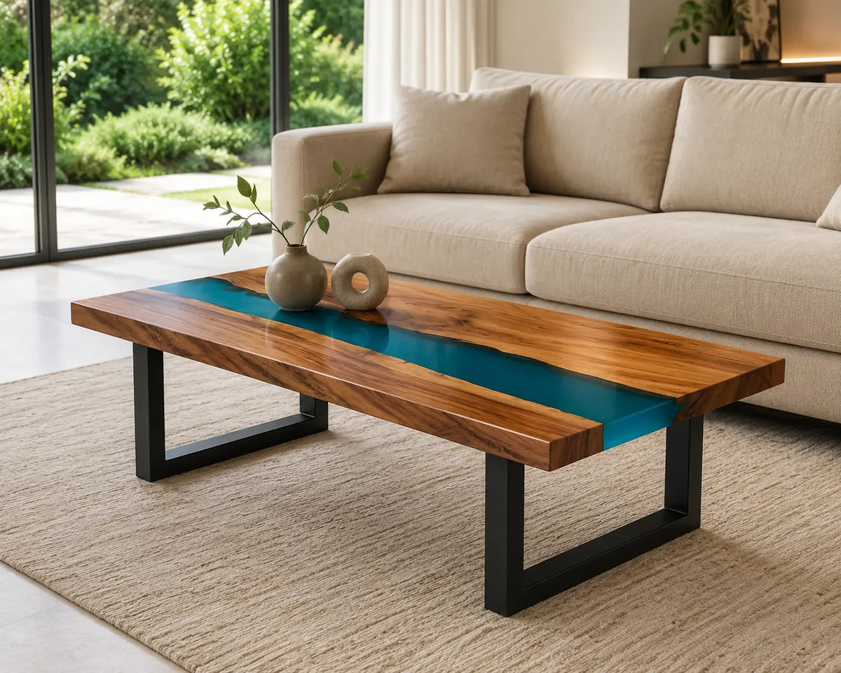 ECTC20 Teal Channel Deep Teal Epoxy Walnut Coffee Table featuring handcrafted walnut wood and deep teal resin-1