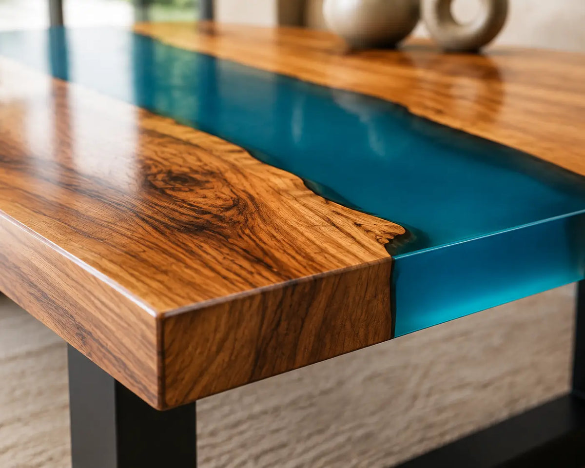 ECTC20 Teal Channel Deep Teal Epoxy Walnut Coffee Table featuring handcrafted walnut wood and deep teal resin