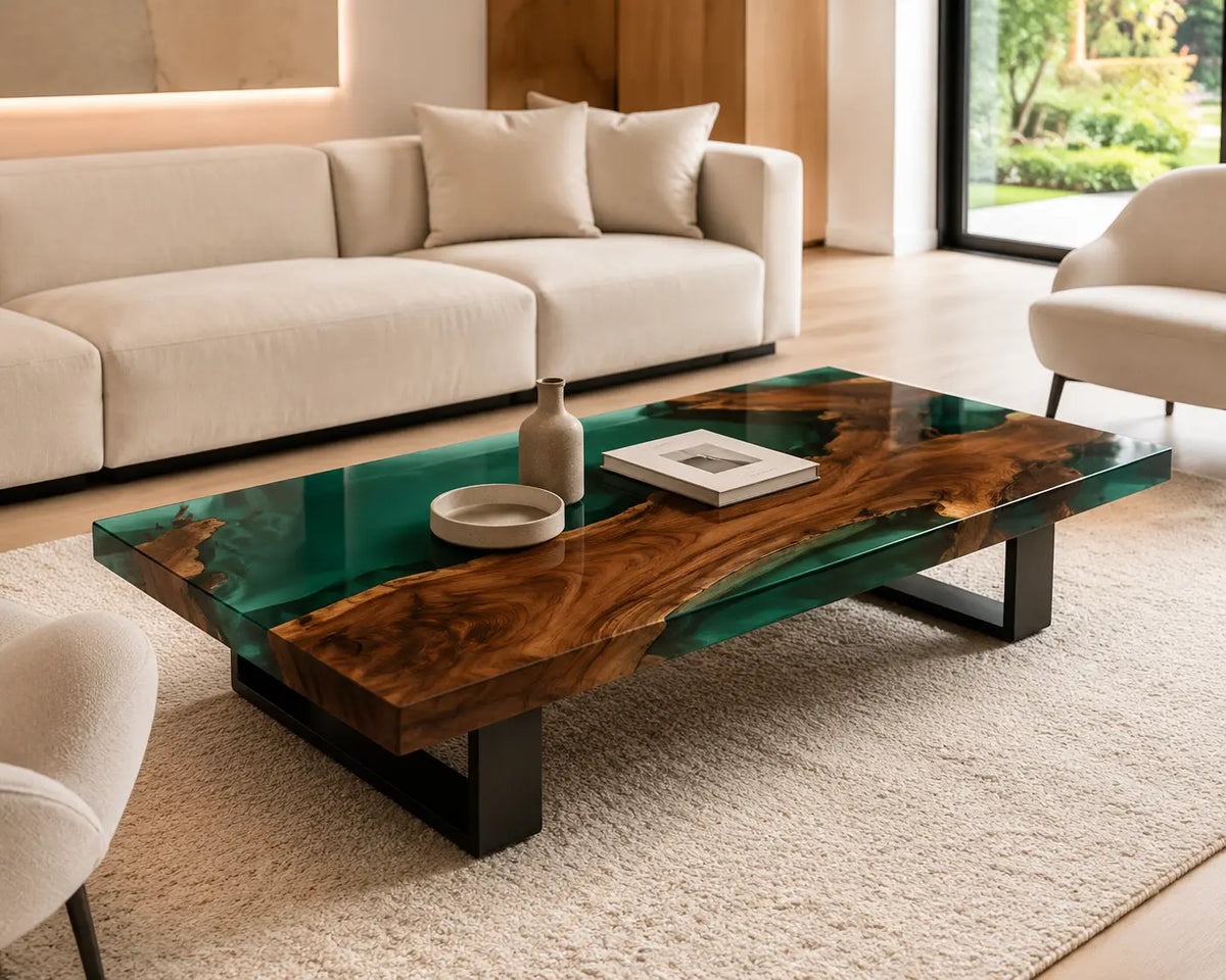 ECTC21 Emerald Hollow Emerald Green Epoxy Walnut Coffee Table featuring handcrafted walnut wood and emerald green resin-1