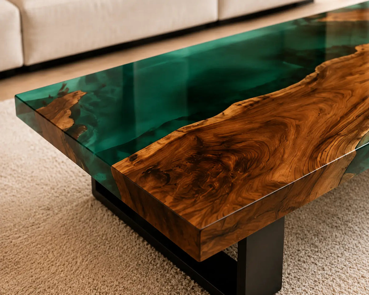 ECTC21 Emerald Hollow Emerald Green Epoxy Walnut Coffee Table featuring handcrafted walnut wood and emerald green resin-2