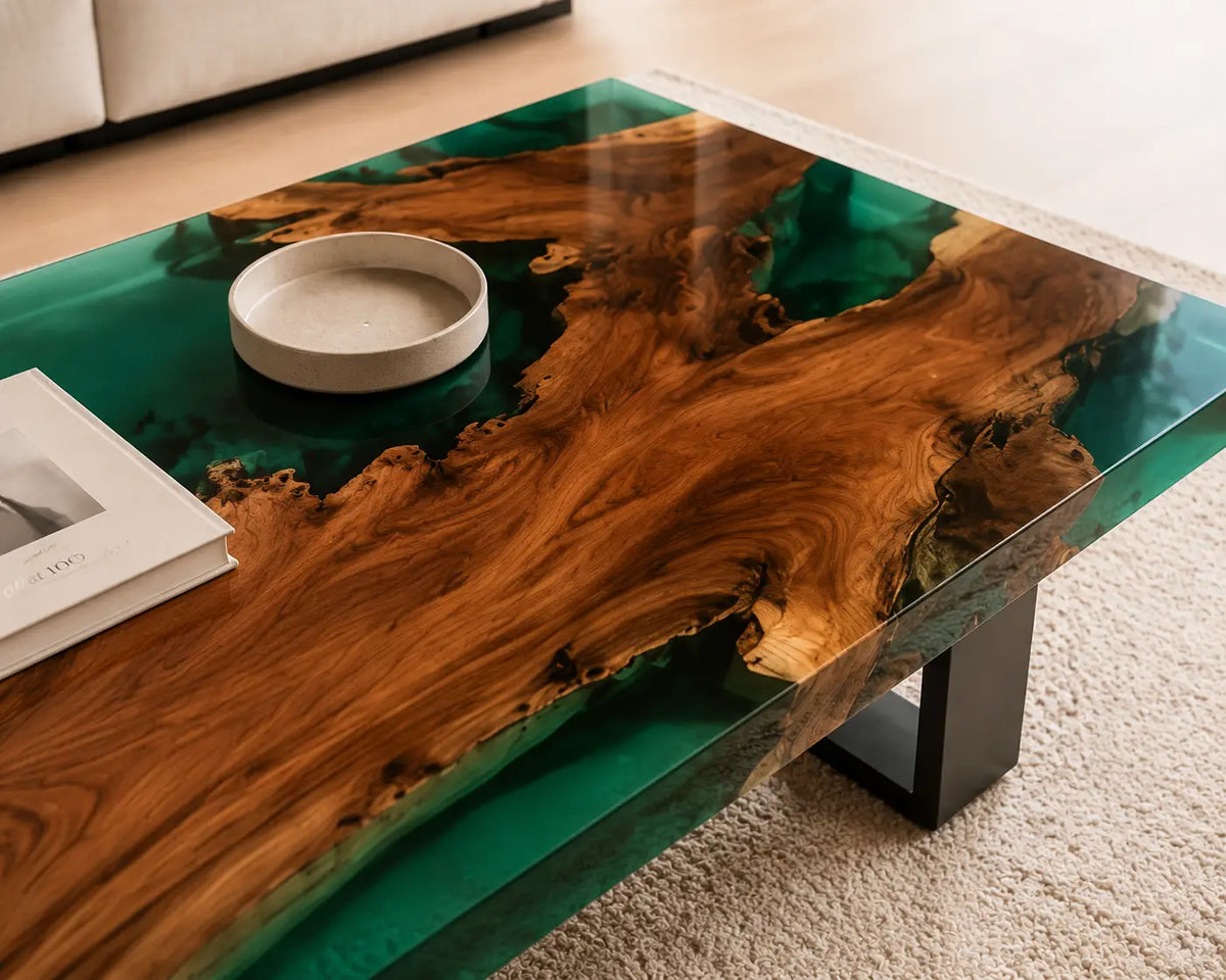 ECTC21 Emerald Hollow Emerald Green Epoxy Walnut Coffee Table featuring handcrafted walnut wood and emerald green resin-3