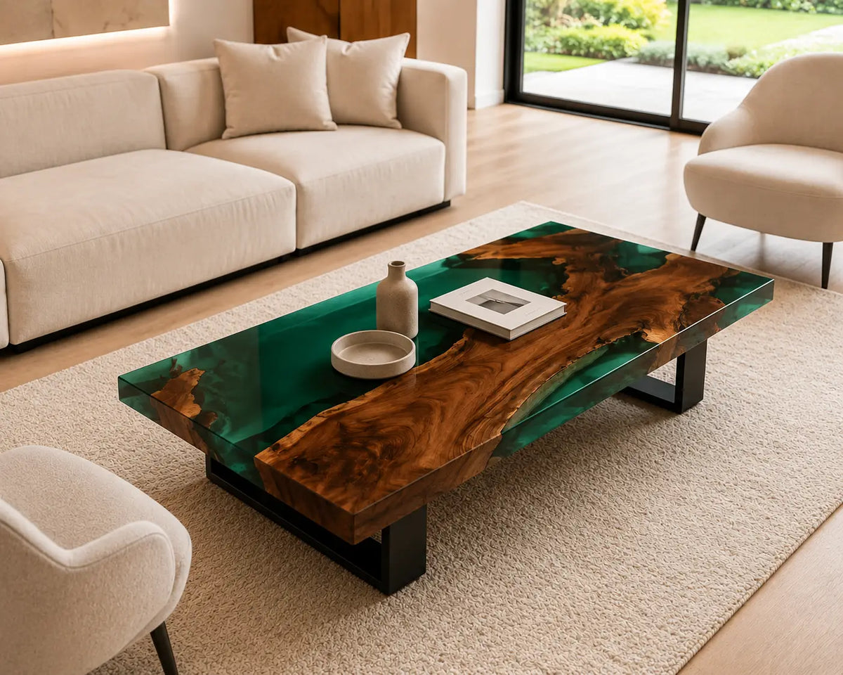 ECTC21 Emerald Hollow Emerald Green Epoxy Walnut Coffee Table featuring handcrafted walnut wood and emerald green resin-4