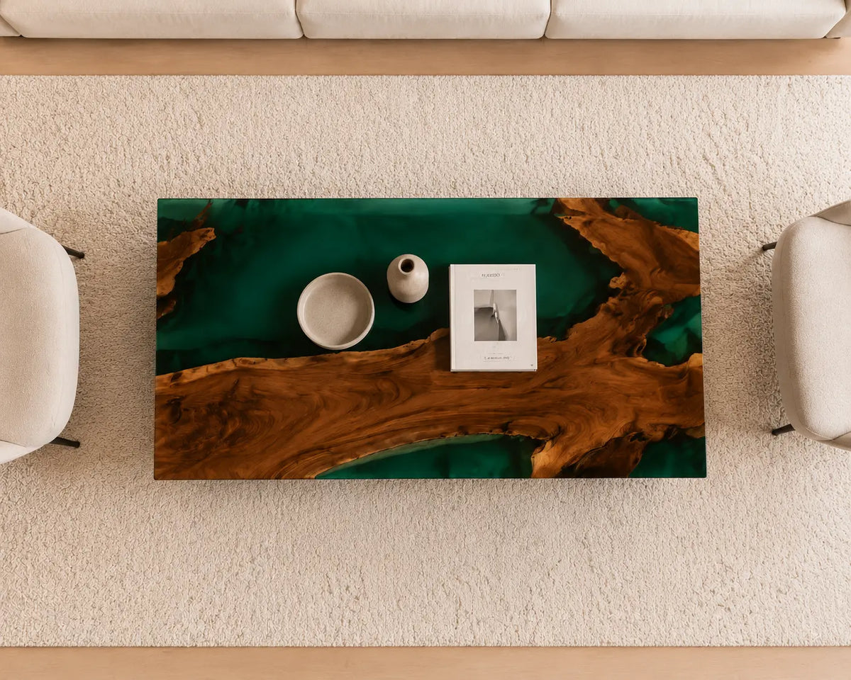 ECTC21 Emerald Hollow Emerald Green Epoxy Walnut Coffee Table featuring handcrafted walnut wood and emerald green resin-5