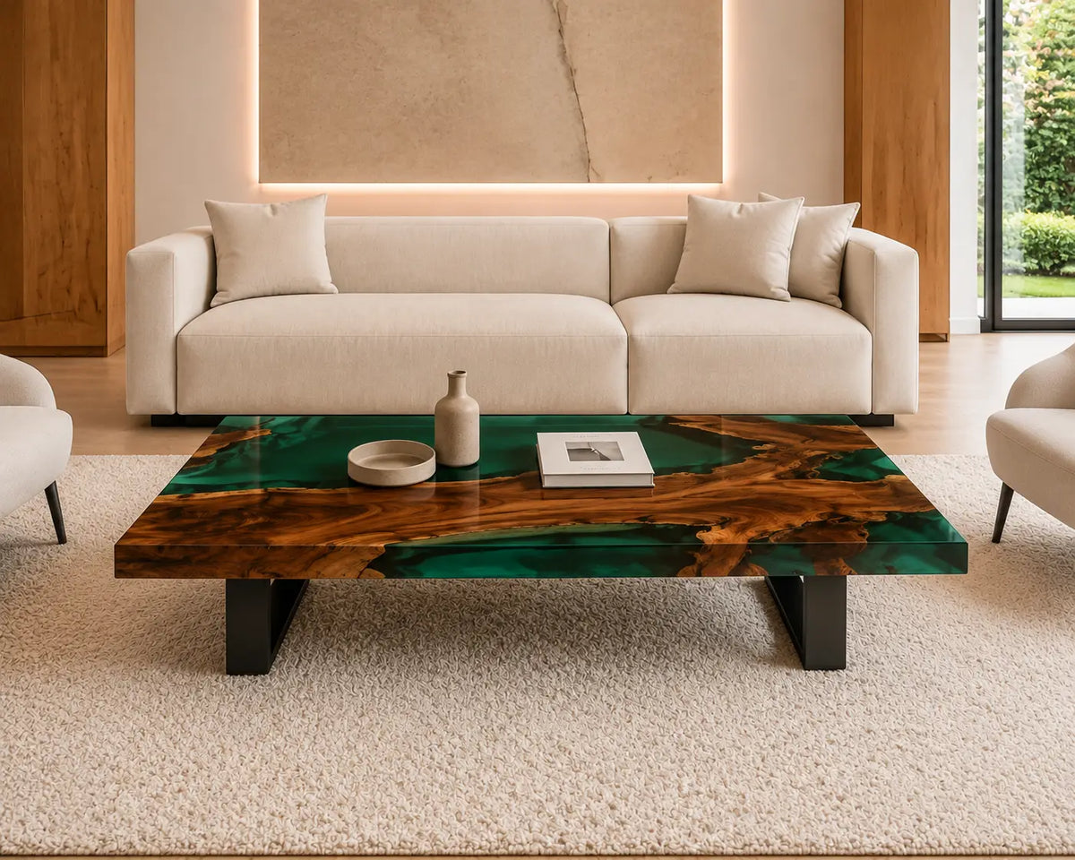 ECTC21 Emerald Hollow Emerald Green Epoxy Walnut Coffee Table featuring handcrafted walnut wood and emerald green resin-6