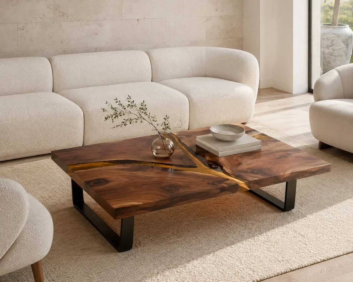 ECTC22 Amber Cross Golden Amber Epoxy Walnut Coffee Table featuring handcrafted walnut wood and golden amber resin-1