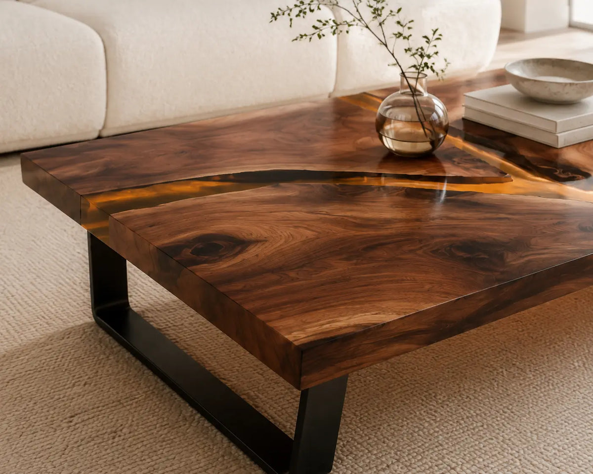 ECTC22 Amber Cross Golden Amber Epoxy Walnut Coffee Table featuring handcrafted walnut wood and golden amber resin-2