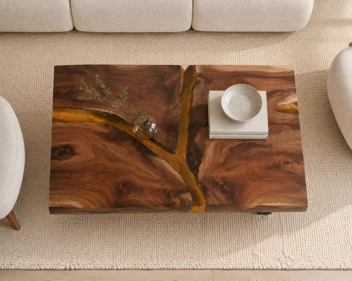 ECTC22 Amber Cross Golden Amber Epoxy Walnut Coffee Table featuring handcrafted walnut wood and golden amber resin-4