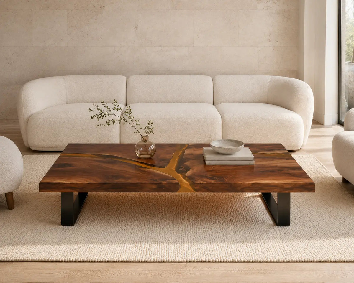 ECTC22 Amber Cross Golden Amber Epoxy Walnut Coffee Table featuring handcrafted walnut wood and golden amber resin-5