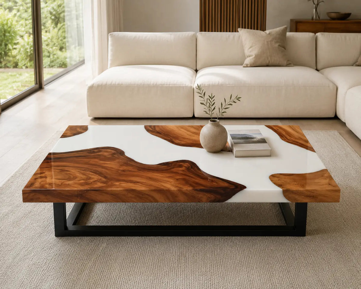 ECTC23 White Estuary Pearl White Epoxy Walnut Coffee Table featuring handcrafted walnut wood and pearl white resin-1