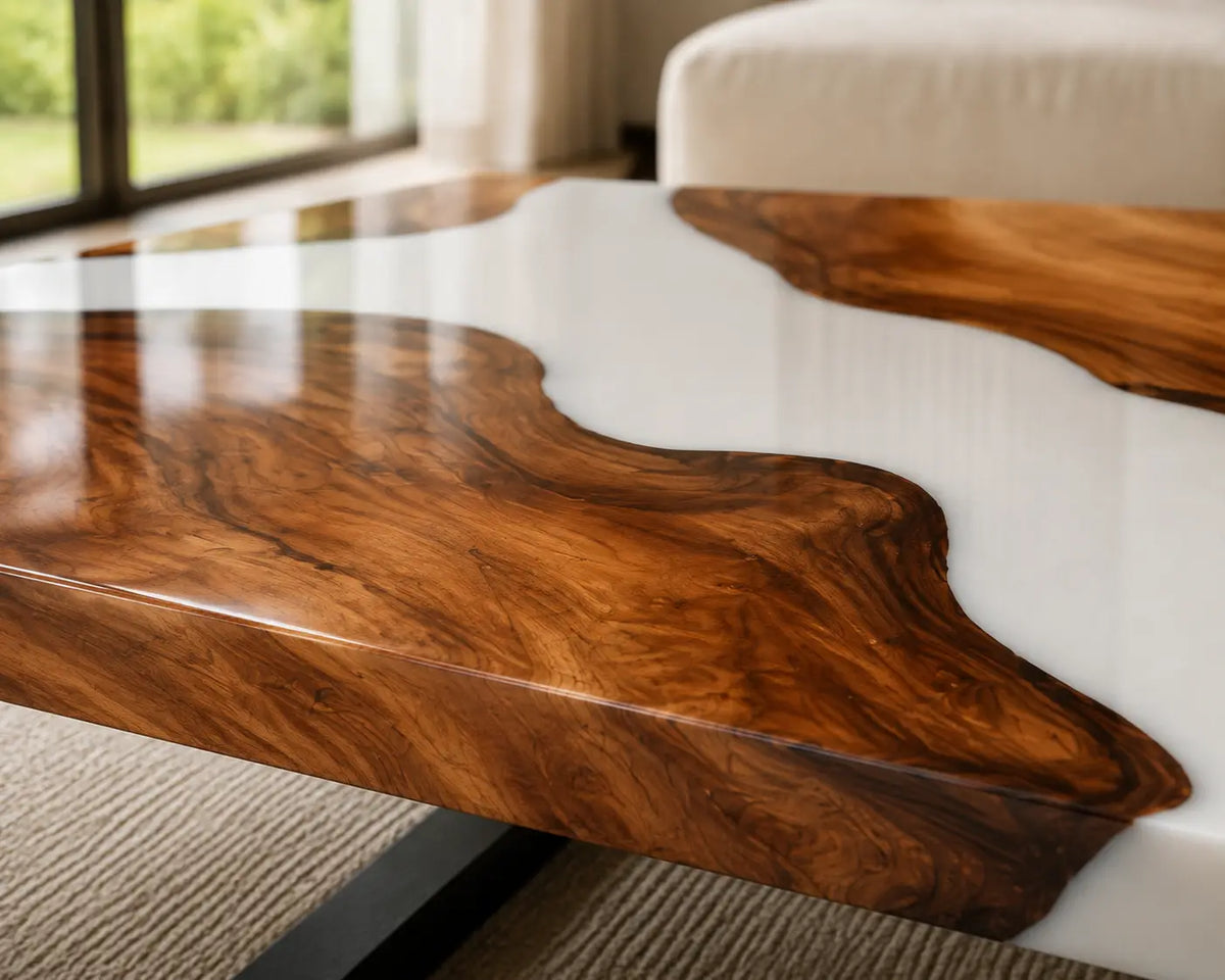 ECTC23 White Estuary Pearl White Epoxy Walnut Coffee Table featuring handcrafted walnut wood and pearl white resin-2