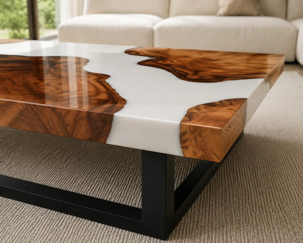 ECTC23 White Estuary Pearl White Epoxy Walnut Coffee Table featuring handcrafted walnut wood and pearl white resin-3