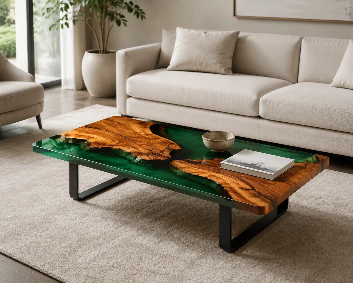 ECTC24 Forest Strait Emerald Green Epoxy Walnut Coffee Table featuring handcrafted walnut wood and emerald green resin-1