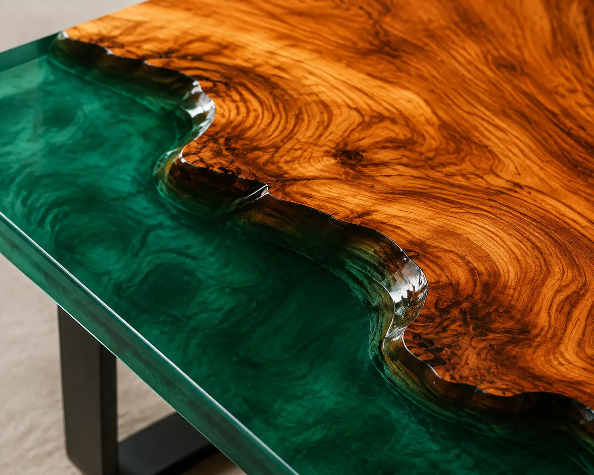 ECTC24 Forest Strait Emerald Green Epoxy Walnut Coffee Table featuring handcrafted walnut wood and emerald green resin-3