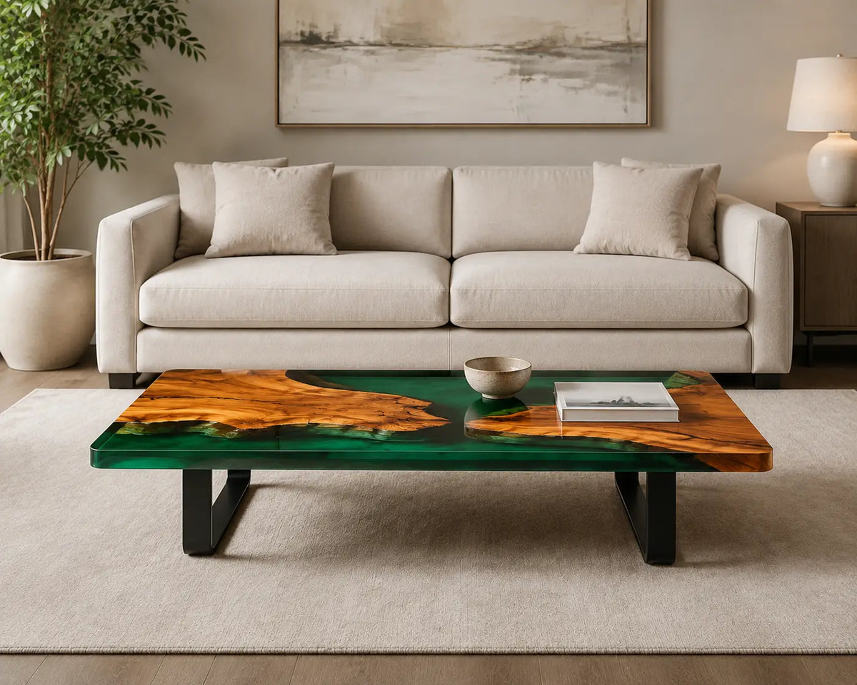 ECTC24 Forest Strait Emerald Green Epoxy Walnut Coffee Table featuring handcrafted walnut wood and emerald green resin-4