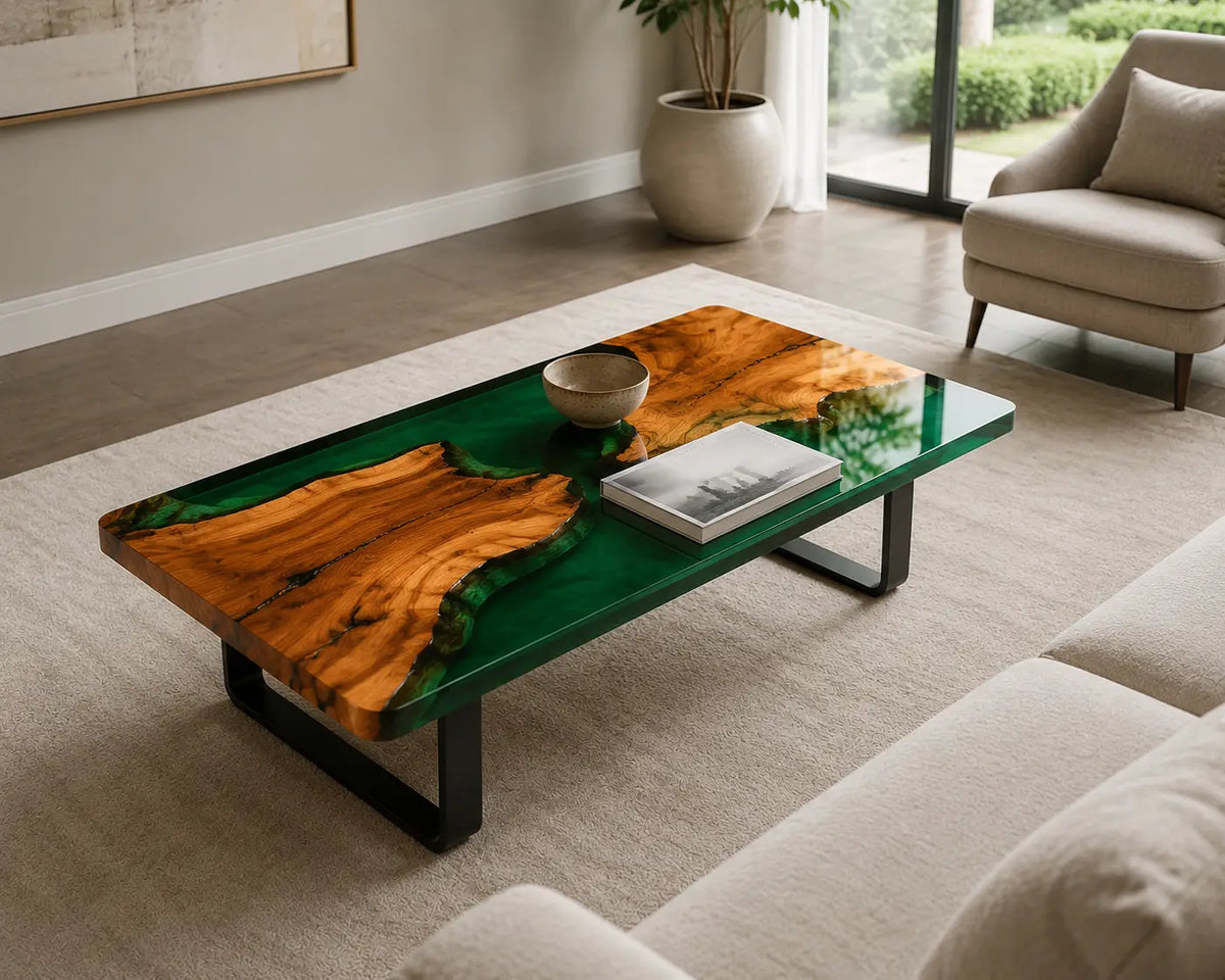 ECTC24 Forest Strait Emerald Green Epoxy Walnut Coffee Table featuring handcrafted walnut wood and emerald green resin-6