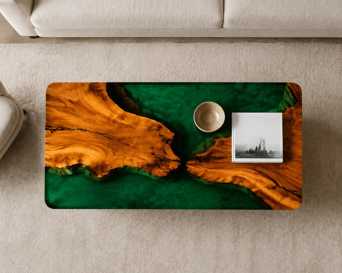 ECTC24 Forest Strait Emerald Green Epoxy Walnut Coffee Table featuring handcrafted walnut wood and emerald green resin-5