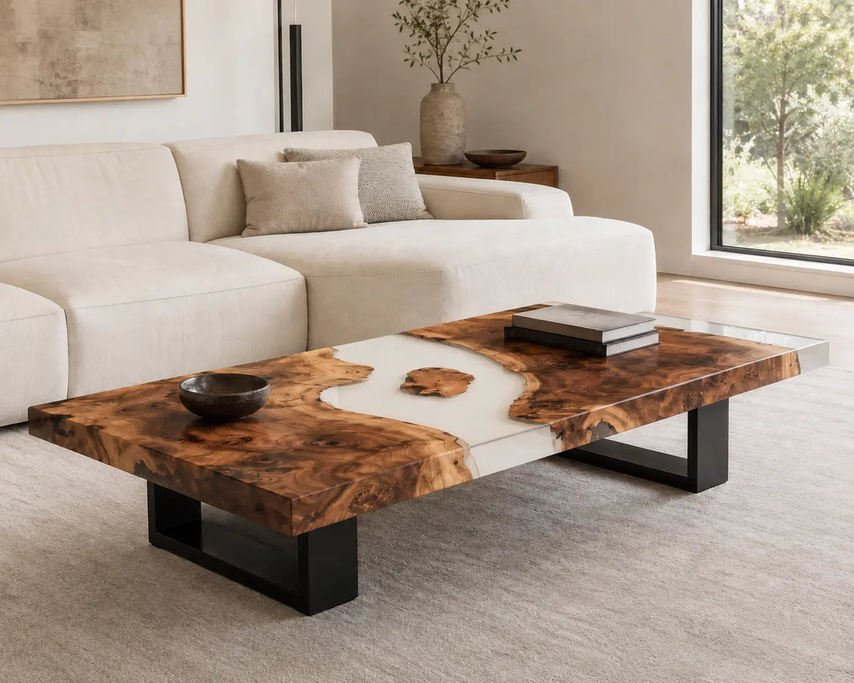 ECTC25 Clearwood Isles Crystal Clear Epoxy Walnut Coffee Table featuring handcrafted walnut wood and crystal clear resin-1