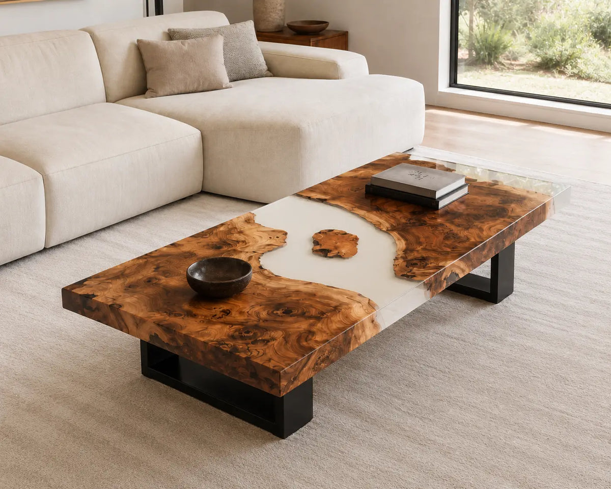 ECTC25 Clearwood Isles Crystal Clear Epoxy Walnut Coffee Table featuring handcrafted walnut wood and crystal clear resin-4